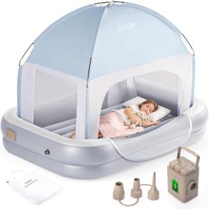 image:imageOGERY Inflatable Toddler Travel Bed with Tent Cordless Rechargeable Electric Pump Portable Kids Air Mattress with 4Sided Safety Bumpers for Home Travel amp CampingLight Grey