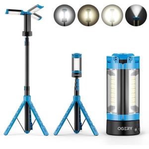 image:imageOGERY Rechargeable 10000mAh Camping Light with Stand 65 ft Max Height Cordless Work Light with 3 LED Lamp Heads 2200 Lumens Camping Essentials Gear Emergency Flashlight with Detachable TripodBlue