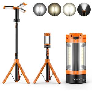 image:imageOGERY Rechargeable 10000mAh Camping Light with Stand 65 ft Max Height Cordless Work Light with 3 LED Lamp Heads 2200 Lumens Camping Essentials Gear Emergency Flashlight with Detachable TripodOrange